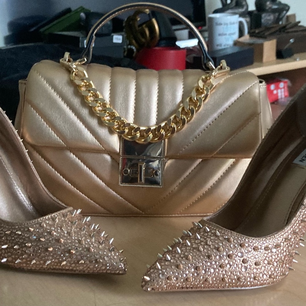 Aldo Rosegold satchel and Steve Madden spike Rosegold pumps